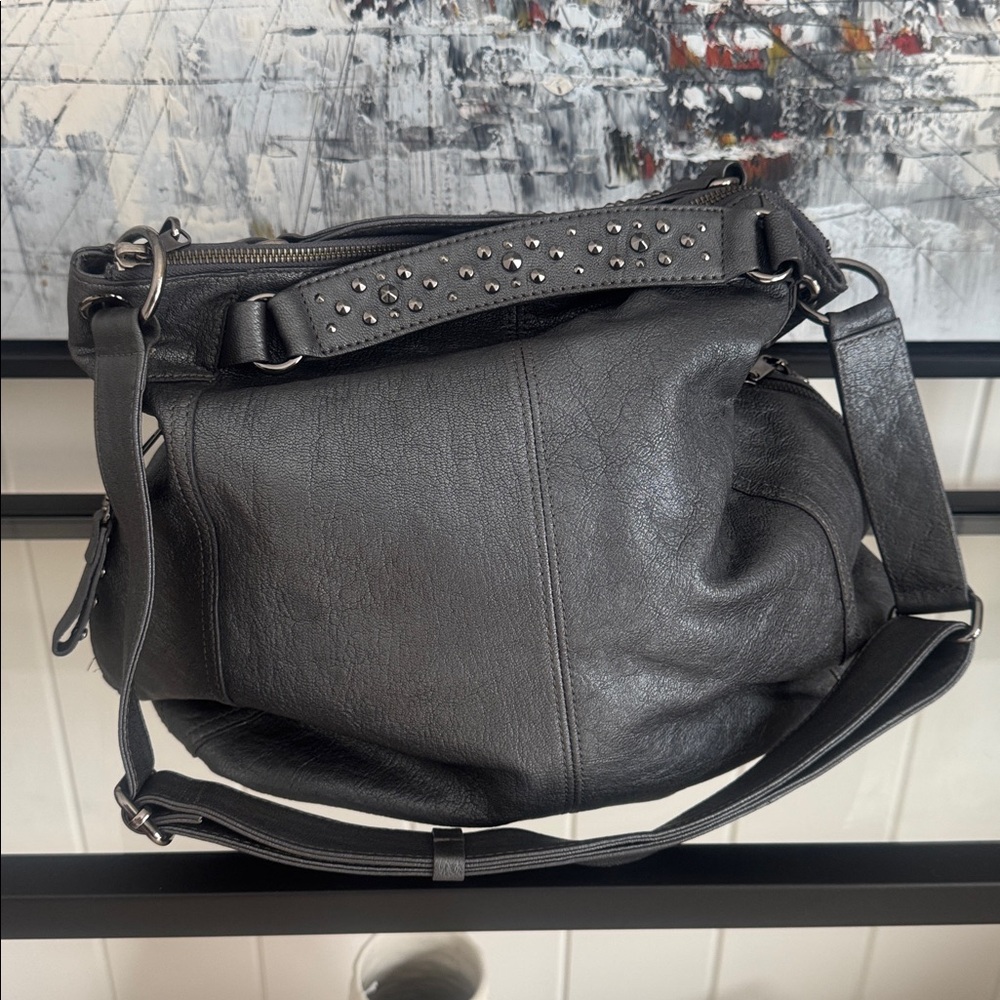 Banana Republic Metallic Gray Goat Leather Crossbody Bag – Studded Strap